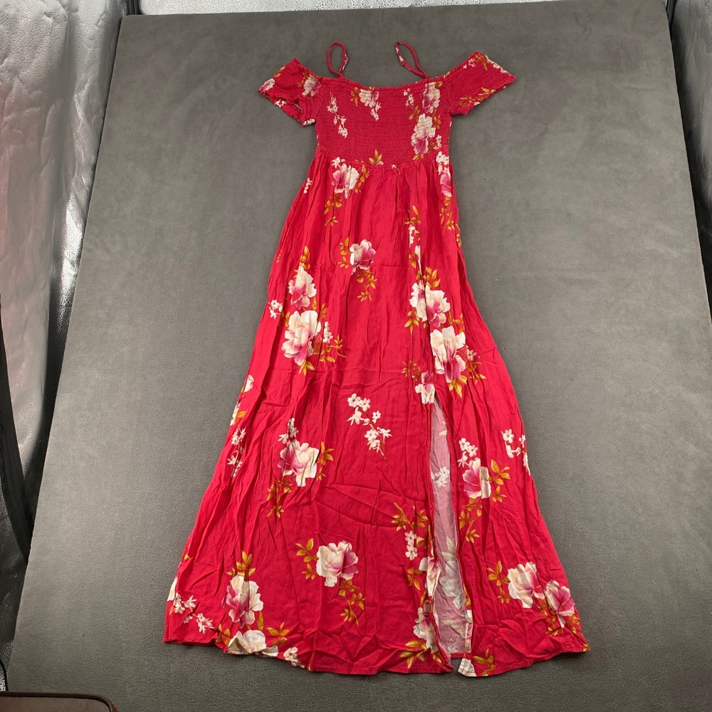 Magnolia Skye Red Floral Maxi Dress Smocked Off Shoulder Slit Boho Womens Medium